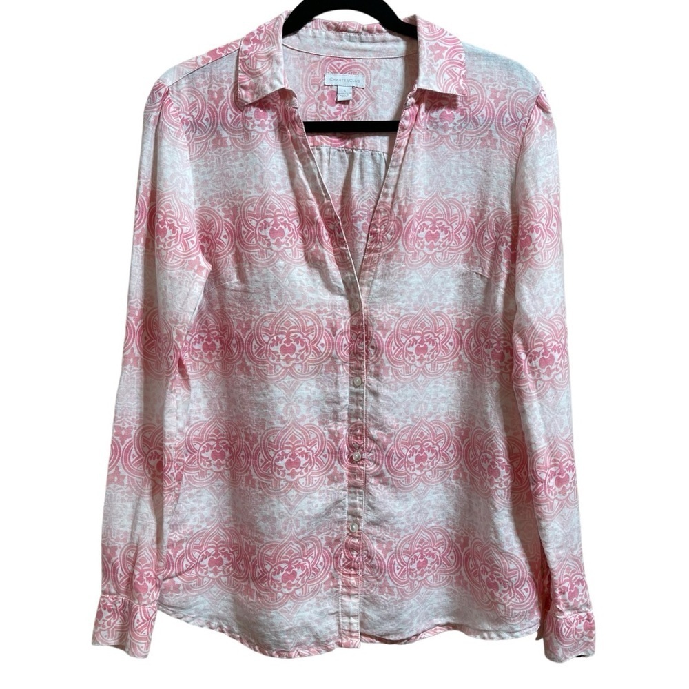 Charter Club 100% Linen All Over Print Long Sleeve Button Down Shirt Size Small